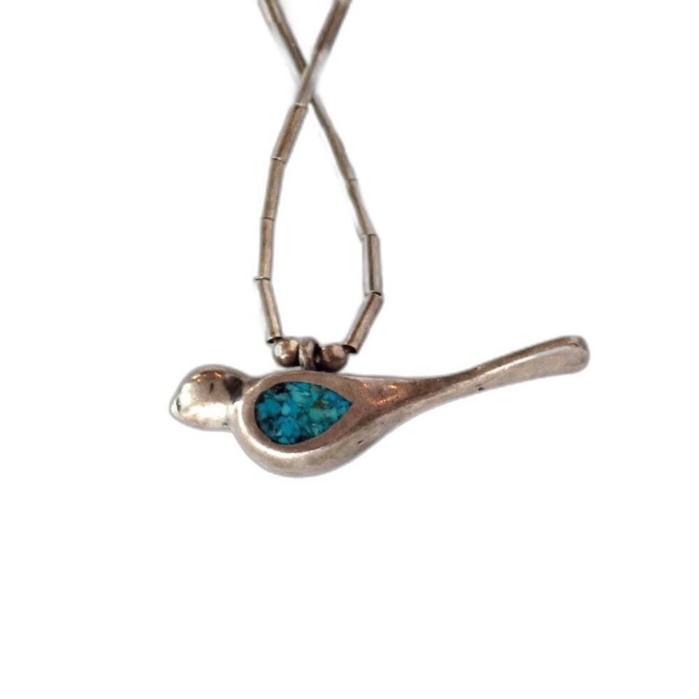 Zuni Native American Sterling Silver Turquoise Chip Bird Pendant Necklace 15" - Picture 7 of 16